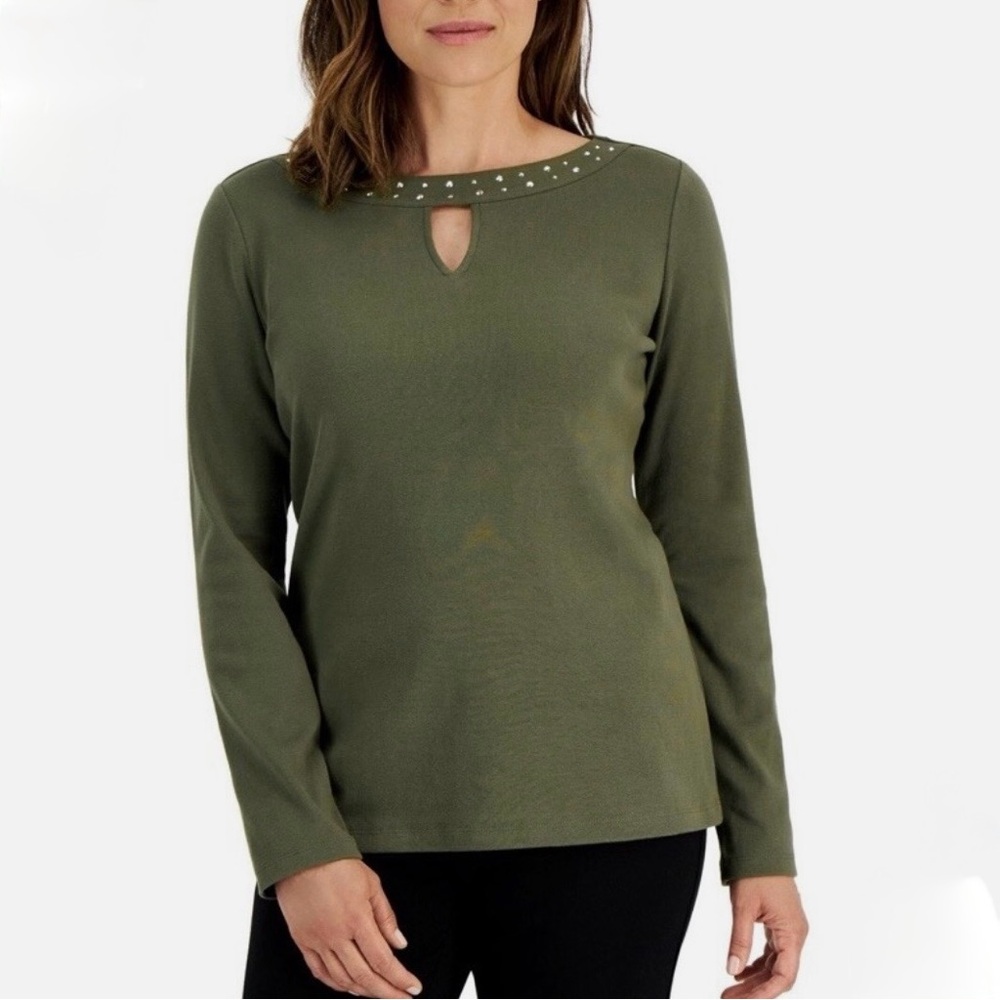 Karen Scott Green Embellished Cut Out Blouse
